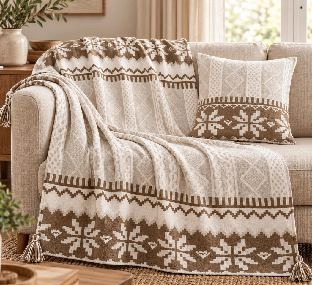 Brown Cotton Polyester Throw Blanket with Cushion Cover Set – 50 × 60 Inches Throw & 18 × 18 Inches Cushion Cover